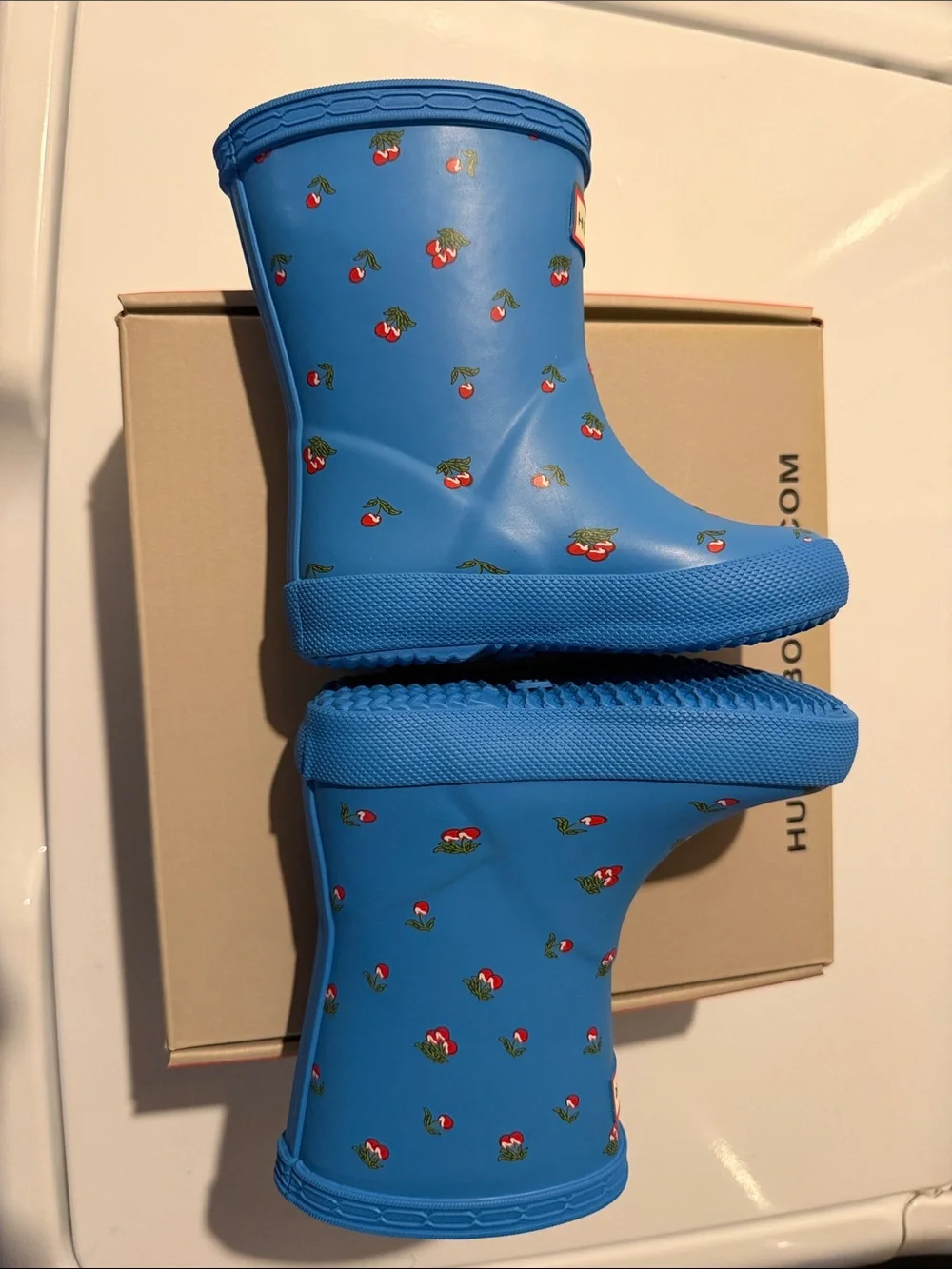Hunter Kids Blue Rain Boots with Strawberry Motif